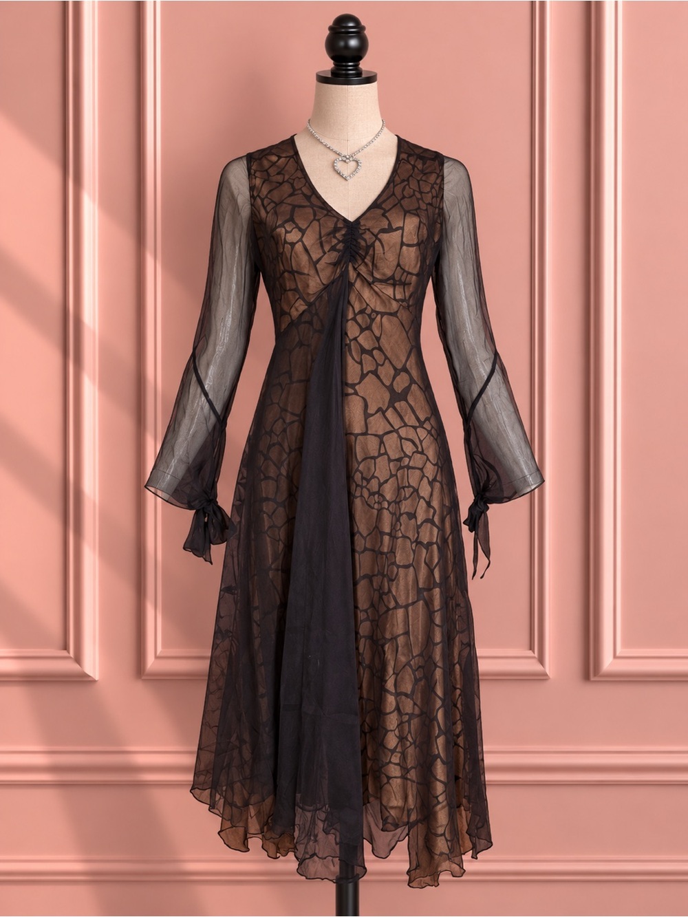 Nougat London Black & Bronze Silk Chiffon Midi Dress Size 2
